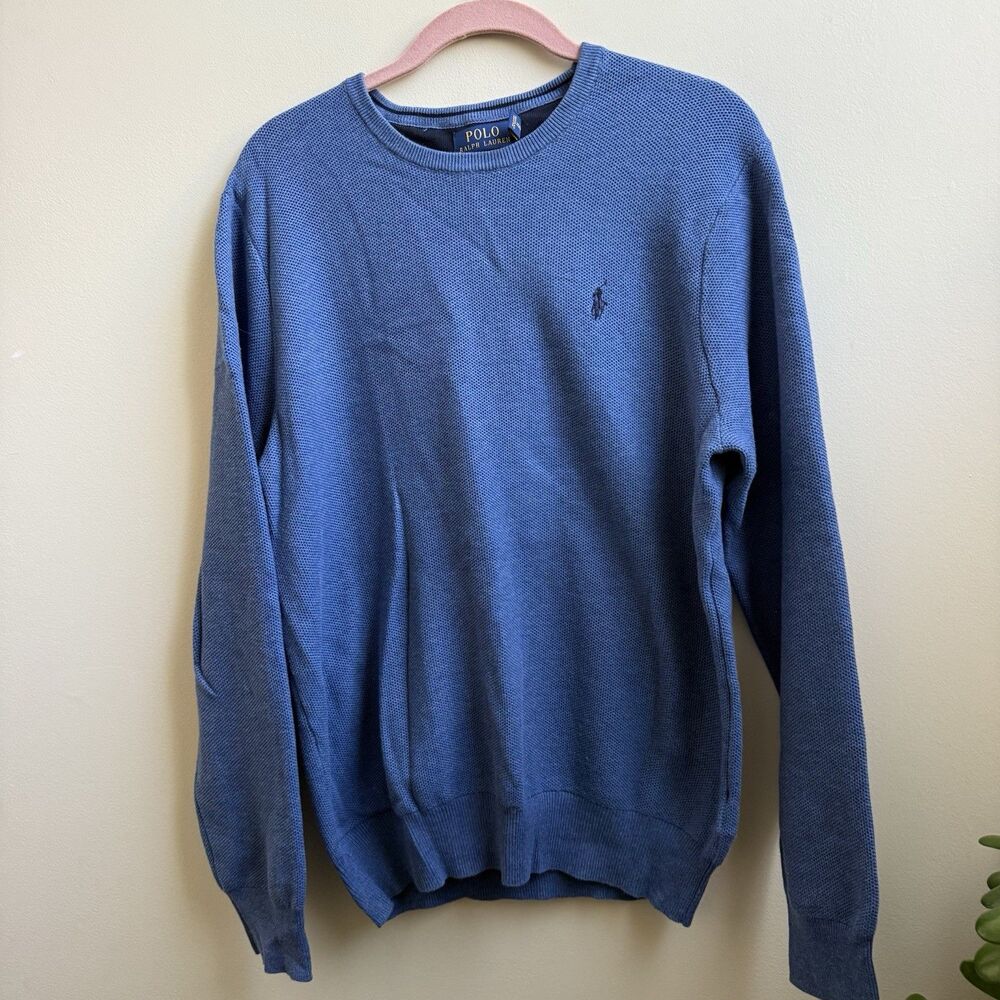 Polo Ralph Lauren Sweater Mens Medium Blue Pima Cotton Crewneck Knit Pullover